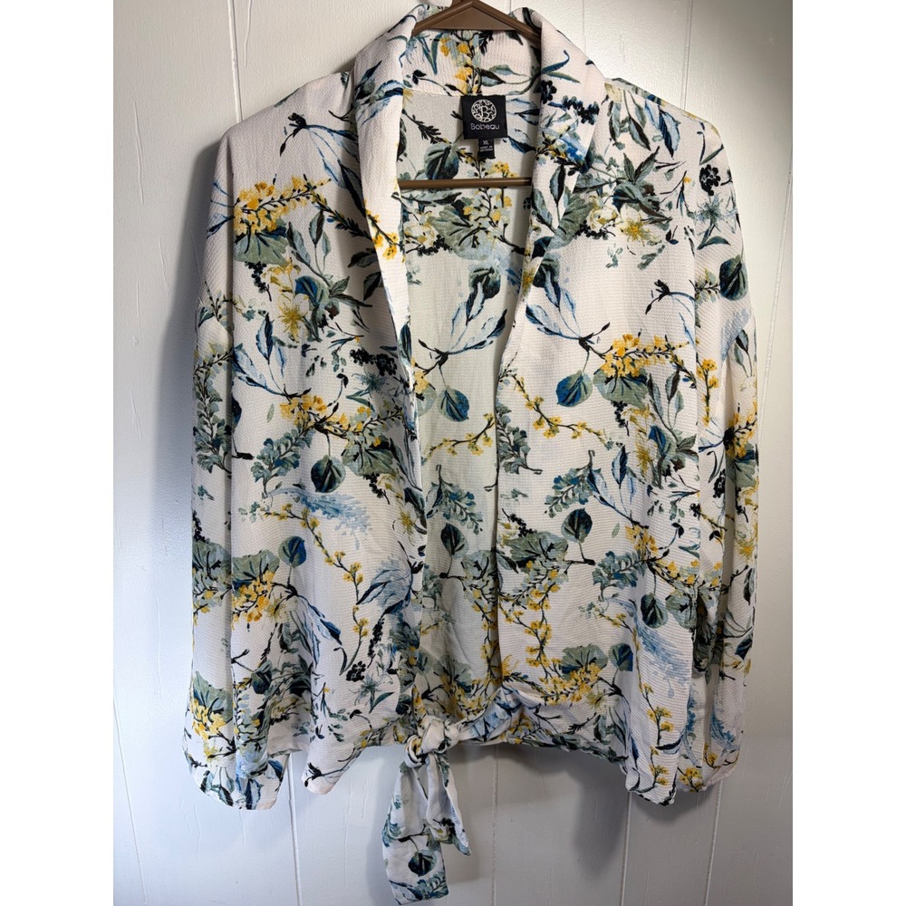 Bobeau Womens Floral Tie Front Bohemian Cardigan  XL White Blue Yellow MT7WB3B